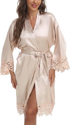 Womens Short Satin Robe Lace Trim Silk Kimono Sleepwear Bridesmaid Robes for Bride Wedding Party Nightgown in Saudi Arabia