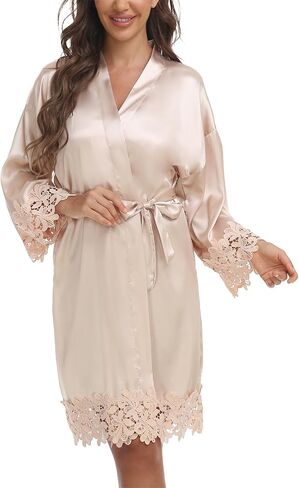 Womens Short Satin Robe Lace Trim Silk Kimono Sleepwear Bridesmaid Robes for Bride Wedding Party Nightgown in Saudi Arabia