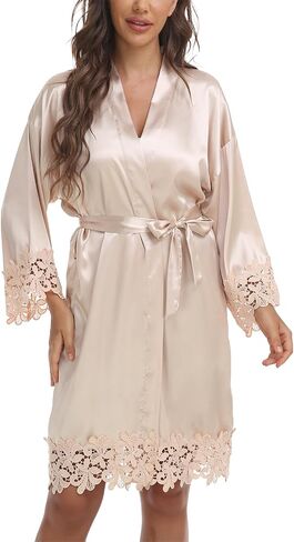 Womens Short Satin Robe Lace Trim Silk Kimono Sleepwear Bridesmaid Robes for Bride Wedding Party Nightgown in Saudi Arabia