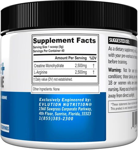 Evlution Nutrition Creatine + L -Arginine - يدعم الأوعية الدموية والانتعاش ونمو العضلات النحيل - 2500 ملغ من الكرياتين أحادي الهيدرات و 2500 ملجم L -Arginine لكل وجبة - 40 حصص - مسحوق غير متكافئ in Saudi Arabia