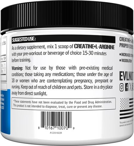 Evlution Nutrition Creatine + L -Arginine - يدعم الأوعية الدموية والانتعاش ونمو العضلات النحيل - 2500 ملغ من الكرياتين أحادي الهيدرات و 2500 ملجم L -Arginine لكل وجبة - 40 حصص - مسحوق غير متكافئ in Saudi Arabia