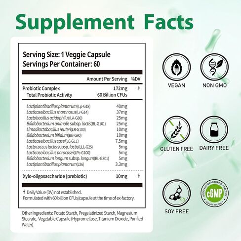 Probiotics 60 Billion CFUs, 11 Diverse Strains Natural Prebiotics for Immune, Digestive and Gut Health Supports Occasional Constipation Diarrhea Gas & Bloating for Women & Men 60 Count in Saudi Arabia