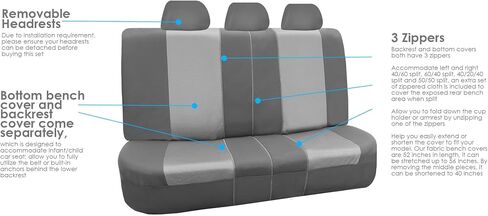 FH Group Car Seat Covers Airbag Compatible Full 1-Piece Front Seat Covers Set Supreme Twill Seat Cover Universal Fit Split Bench Rear Light Gray Car Seat Cover for SUV, Sedan Automotive Seat Covers in Saudi Arabia