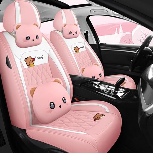 غطاء مقعد السيارة Cartoon Bear 5 مجموعة للنساء مع Pu Leather for Cars SuV Pick-up Truck Universal Set (Pink) in Kuwait