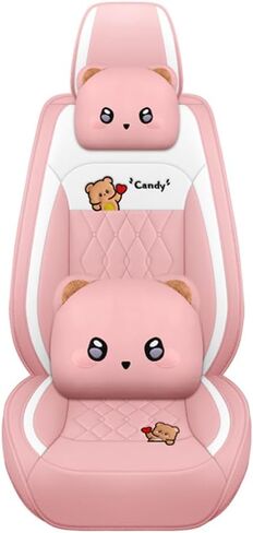 غطاء مقعد السيارة Cartoon Bear 5 مجموعة للنساء مع Pu Leather for Cars SuV Pick-up Truck Universal Set (Pink) in Kuwait