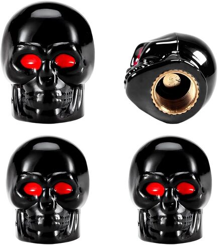 4 PCS Skull Style Valve STER CAP ، غطاء جذع لإطارات الإطارات من مجموعة الغبار مع حلقة مطاطية ، غطاء صمام إطارات مركبة من النحاس Red Eye Core Core ، إكسسوارات عالمية (أسود) in Saudi Arabia