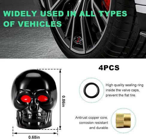 4 PCS Skull Style Valve STER CAP ، غطاء جذع لإطارات الإطارات من مجموعة الغبار مع حلقة مطاطية ، غطاء صمام إطارات مركبة من النحاس Red Eye Core Core ، إكسسوارات عالمية (أسود) in Saudi Arabia