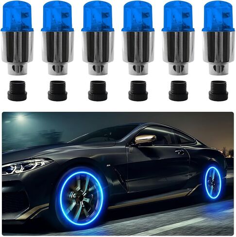 6PCS Car Tire Valve Light, Neon Spoke Flash LED Tire Valve Stem Cap Lights, Waterproof LED Wheel Lights Valve Stems Dust Cap, Tire Valve Caps Lamp for Auto Bike Motorcycle (Blue) in Saudi Arabia