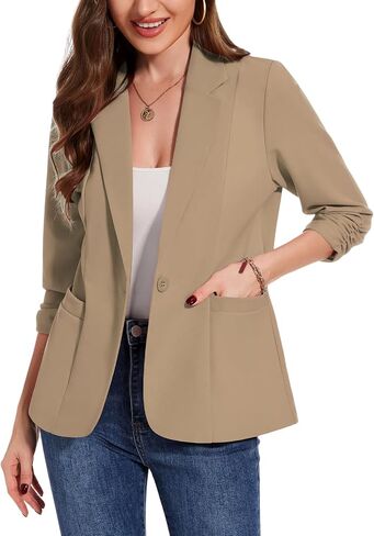MINTLIMIT Womens Casual Blazers 3/4 Ruched Sleeve One Button Blazer Lapel Collar Business Office Suit Jacket with Pockets in Saudi Arabia