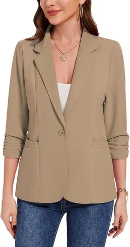 MINTLIMIT Womens Casual Blazers 3/4 Ruched Sleeve One Button Blazer Lapel Collar Business Office Suit Jacket with Pockets in Saudi Arabia