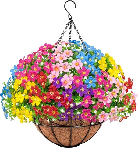 Artificial Hanging Plants Flowers with Basket for Spring Summer Outdoor Decoration, Fake Flowers UV Resistant with Hanging Planter for Front Porch Patio Garden Yard Home Decor, Multicolor in Saudi Arabia