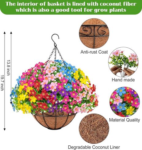 Artificial Hanging Plants Flowers with Basket for Spring Summer Outdoor Decoration, Fake Flowers UV Resistant with Hanging Planter for Front Porch Patio Garden Yard Home Decor, Multicolor in Saudi Arabia