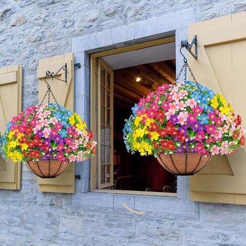 Artificial Hanging Plants Flowers with Basket for Spring Summer Outdoor Decoration, Fake Flowers UV Resistant with Hanging Planter for Front Porch Patio Garden Yard Home Decor, Multicolor in Saudi Arabia