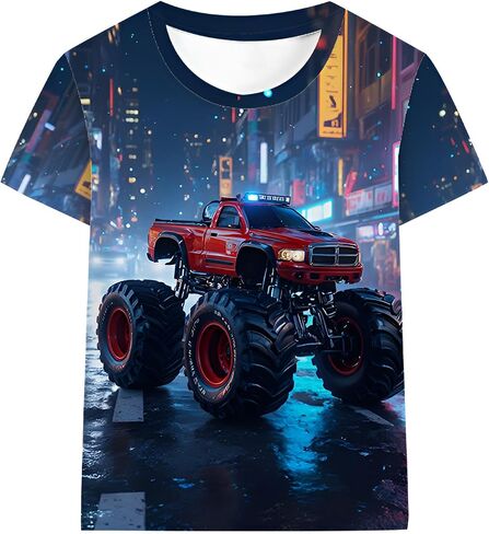 Tkria Boy T-Shirt 3D Graphic Shirt Monster Truck Print Crewneck Cool Short Sleeve Shirt 3-10 Years in Saudi Arabia