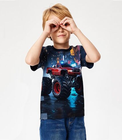 Tkria Boy T-Shirt 3D Graphic Shirt Monster Truck Print Crewneck Cool Short Sleeve Shirt 3-10 Years in Saudi Arabia