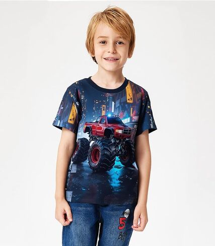 Tkria Boy T-Shirt 3D Graphic Shirt Monster Truck Print Crewneck Cool Short Sleeve Shirt 3-10 Years in Saudi Arabia