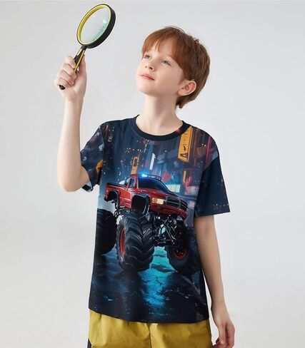 Tkria Boy T-Shirt 3D Graphic Shirt Monster Truck Print Crewneck Cool Short Sleeve Shirt 3-10 Years in Saudi Arabia