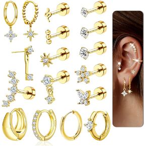 Cartilage Earrings for Women Flat Back-Hypoallergenic Surgical Stainless Steel Earrings Flatback Stud Hoop Earring Stack Helix Conch Tragus Piercing Jewelry (Single-Not A Pair)