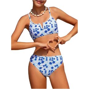 Verdusa Girl's 2 Piece Floral Bikini Set V Neck Wireless Tops with Panty Beach Vacation Clothes