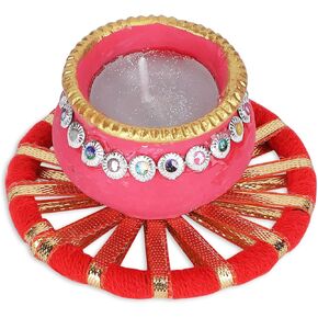 6 Pc Matki Wax Filled Diya Set: Colorful Golden Handpainted Terracotta Diyas for Diwali Pooja & Decoration | Natural MITTI Dia | Unique Indian Gift for Deepawali Celebrations - Golden