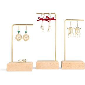 GemeShou 3pcs walnut wooden dangle earring stand holder, hoop earring displays for selling jewelry, mini brass earring hanger【Walnut brass earring stand set-3pcs】