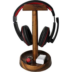 WRIGHTMART Wooden Headphone Stand, Universal Dual Headset Holder, Desktop Earphone Hanger, Cell Phone Tablet Slot, Décor for a Busy Office Workspace, Large Catch All Base Tray Acacia Wood in Kuwait