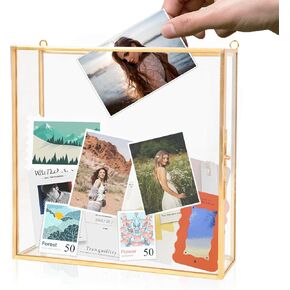 8x8 Travel Shadow Box Frame with Slot on Top, Glass Shadow Display Box Memory Top Loading Shadow Keepsake Box for Tickets, Photos,Wine Bottle Caps,Collections(Gold)