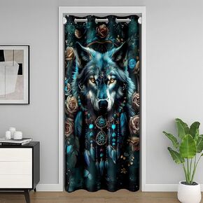 Feelyou Wolf Doorway Curtain Privacy for Kids Boys Wolves Howling 30%-50% Room Darkening Curtain 1 Panel, 34"x80" Dreamcatcher Door Cover Curtain Boho Dream Catcher Decor Window Treatments, Teal