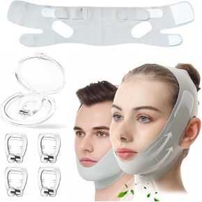 CPAP Anti Snore Chin Strap, snoring Stopper with Adjustable Velcro(1 Piece), snoring Device with Magnetic Silicone Nose Clip(4 Pieces), Reusable for Comfortable Sleep and Anti snoring Solution