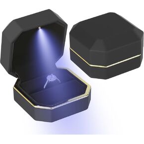 Luxury LED Jewelry Ring Box, Velvet Ring Gift Box Storage Case Organizer Holder for Proposal Engagement Wedding Anniversary Birthday Ceremony (Black)