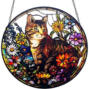 Cat Stained Glass Window Hanging, 9.84'' Cat Butterfly Stained Glass Panel, Pet Suncatcher with Chain, Glass Window Hanging for Pet Lovers
