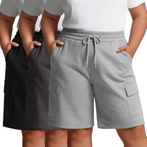 Neer 3 Pack Women's Plus Size Bermuda Shorts Casual Elastic Waist Drawstring Cotton Athletic Cargo Shorts with 4 Pockets