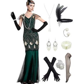 LELOVEFU 1920s Flapper Dresses Jazz Age Chic Sequin Mermaid Dresses w/Accessories Set