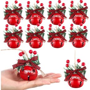 Aoriher 9 PCS Christmas Jingle Bells الحلي 1.97 "أجراس زخرفية مع أجراس الشريط بوفالو القوس المعدني معلقة لحلية زخرفة شجرة عيد الميلاد (أحمر) (أحمر)