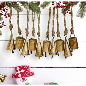 Mie Creations Set of 10 Rustic Vintage Christmas Bells, Tin Bells on Jute Rope, Decorative 2.5in Jingle Bells for Crafts, Christmas Tree Ornaments, Handmade Metal Hanging Mini Cowbells- Antique Gold