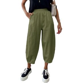 سراويل سراويل سراويل عالية الخصر سراويل زجرية خالية من القطن غير الرسمي حريم كابريس مع جيوب in Kuwait