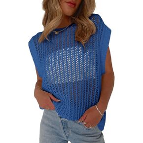 Fisoew Womens Crochet Tops Cap Sleeve Crew Neck Summer Summer Suptiros
