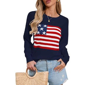 Alsol Lamesa Womens American Flag Sweater Sweat Lightweight Long Sleeve Crew Device Subtents