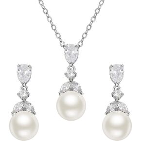 SWEETV Pearl Wedding Jewelry Set For Brides, Cubic Zirconia Wedding Necklace and Earrings Set, Elegant Bridal Jewelry Set for Women Bridesmaids Prom