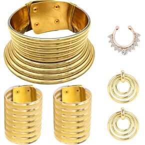6 Pieces Gold African National Tribal Costume Accessories Set Long Neck Collar Necklaces Metal Bracelet Gothic Chunky Nose Hoop Chain Swirl Earrings African Jewelry Set for Women