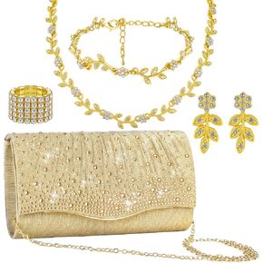 Blosssound 5 PCS Gold Presh Jewelry Jewelry Set Rhinestone Clutch Handbag Bride Prom Netclace Dangle Dangle Ring Exclists for Women Wedding Party Party Gift Decoration