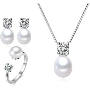 Charming White Freshwater Cultured Pearl Pendant Earrings and Ring Jewelry Set AAAA Quality Sterling Silver with Sparkling CZ - PremiumPearl