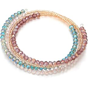 COOLSTEELANDBEYOND Multi-Wrap Stackable Beaded Wire Bracelets Champagne Gold Beads with Pale Blue Purple Pink Crystal