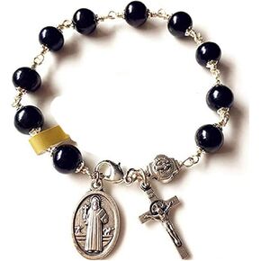 elegantmedical HANDMADE Silver Wire Wrap Blank Pearl BEAD St. Benedict ROSARY BRACELET CROSS CATHOLIC
