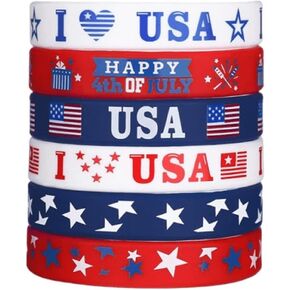 6 Pcs Independence Day Rubber Bracelets Set 4th July Patriotic Silicone Wristbands for Women Jewelry