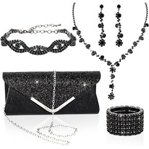 5 Pieces Clutch Purse Rhinestone Jewelry Sets for Women Prom Necklace Earrings Bracelet Ring Bling Glitter Purse Formal Jewelry for Women Evening Wear