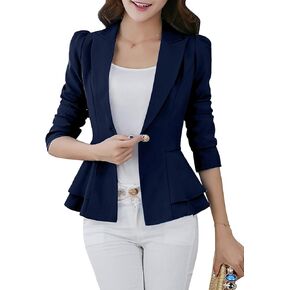 YMING Women's Button Down Slim Blazer Solid Color Office Cardigan Long Sleeve Ruffle Hem Jacket Plus Size