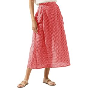 MISSACTIVER Linen Plaid Skirts for Women Elastic Waist Midi Skirt with Pockets Vintage Flowy Gingham Long Skirt Red