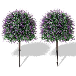 26'' Artificial Lavender Boxwood Topiary Balls Trees Set of 2,UV Resistant with Spike Faux Boxwood Plants for Outdoor, Indoor, Garden, Porch,Yard, Balcony Decor