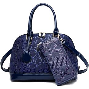 Patent Leather Handbag Crocodile Pattern Top Handle Purse Shell Bag Come with Wallet (Blue)